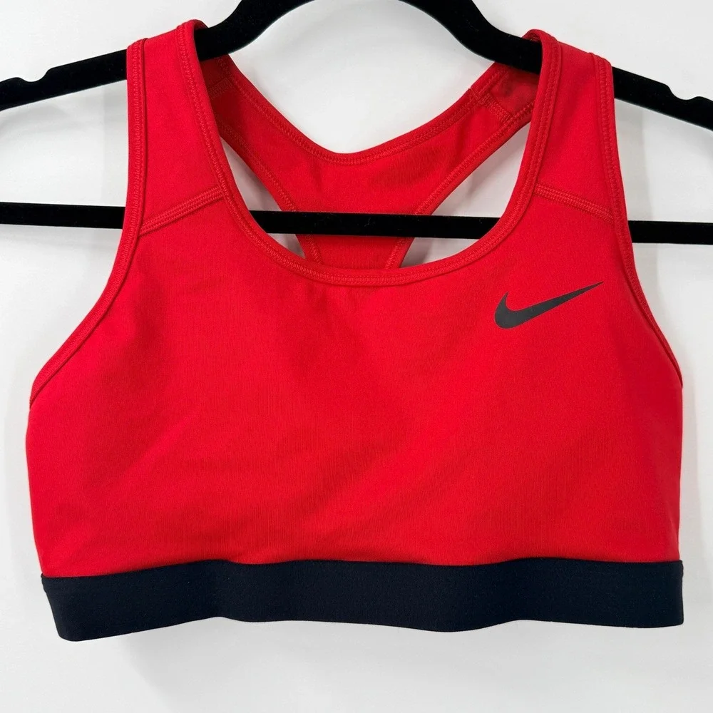 Nike Swoosh Sports Bra Women M Red Black Logo Racerback Compression Gym Running